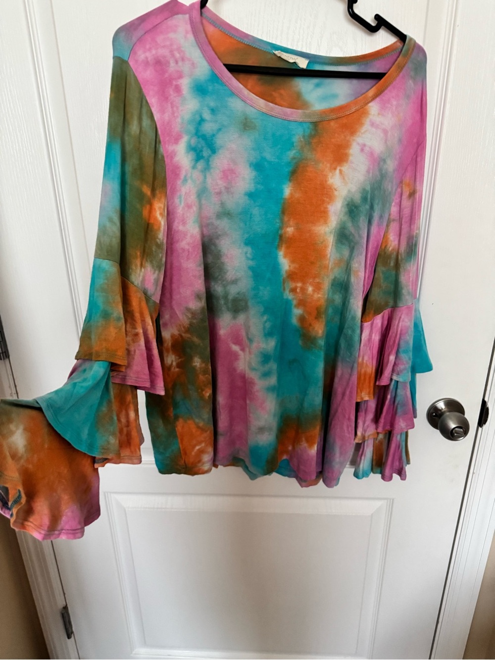 ODDY Tie-Dye Ruffle Sleeve Tunic - Teal, Pink & Orange